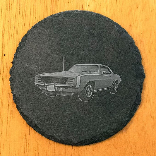 1969 Chevy Camaro RS/SS: Laser-Etched Coasters for Muscle Car Fans - Round Slate - Set of 8