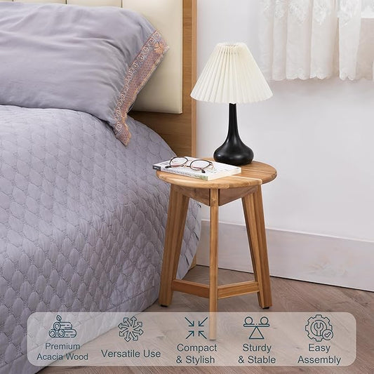 Round Side Table – Acacia Wood End Table for Living Room or Bedroom – Light Natural Wood Finish, Compact Nightstand or Accent Table for Sofas & Beds (13x16 x13 Inches)