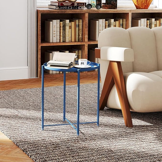 HollyHOME Round Metal Side Table, Outdoor Small Folding Accent Stand with Removable Tray, 17.72'' Portable End Table for Balconies, Gardens, Living Rooms and Bedrooms, Navy Blue