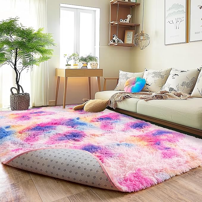Ultra Fluffy Rug for Living Room Bedroom, 5x7 Fuzzy Large Area Rug for Living Room, Plush Soft Shag Carpet for Girl Boy Kids, Non Slip Rug Modern Indoor Home Decor Aesthetic, Dark Rainbow