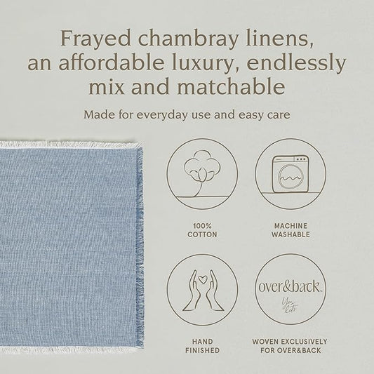 Over&Back Set of 4 Woven Frayed Chambray Placemats - Colorful Dining Table Mat - Hand-Finished Frayed Edges - 100% Cotton - Machine Washable - Kitchen and Home Decor - Blue - 14" L X 20" W