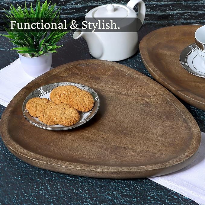 2 Pack Rustic Wooden Serving Tray - Oval Handcrafted Decorative Tray with Felt Base - Coffee Table, Bathroom Vanity, Kitchen Counter Organizer 12 & 14 Inches (Brown)- CLEENTABLE