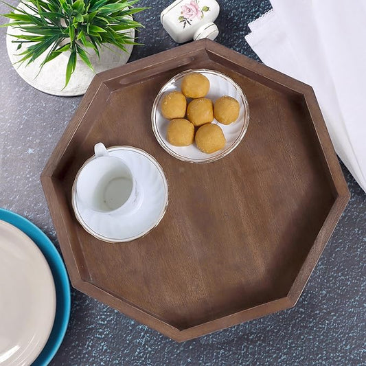 12" Rustic Wooden Serving Tray - Decorative Wood Serving Tray with Handles for Coffee Table, Breakfast in Bed, Food Dinner, Rustic Octagonal Tray (Walnut) - CLEENTABLE