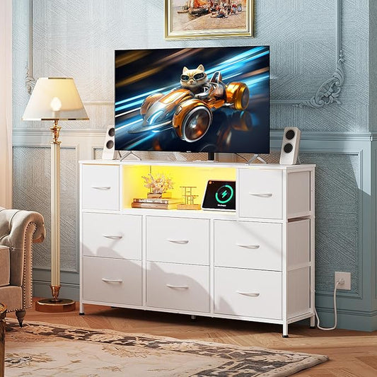 WLIVE White Dresser TV Stand for 45, 50, 55 inch TV, Entertainment Center with LED Lights & Charging Station, Chest of Drawers with 8 Fabric Drawers and Open Shelves for Living Room, Hallway, Wood Top