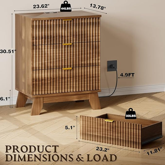 30.5" Nightstand with Charging Station, 3-Drawer Fluted Bedroom Chest, Wood Bedside Dresser with Power Outlets and USB Ports, Stable Base, Modern Storage Cabinet for Small Spaces