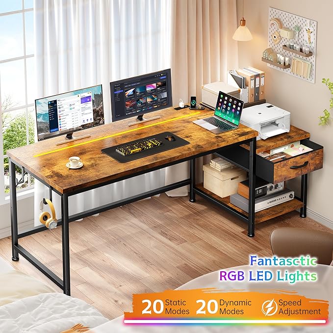 48.1 Small Computer Home Office Desks for Bedroom with Drawer & Printer Shelf,Gaming Desk with LED Lights,Power Outlet & Hook,Reversible Corner Study Desk for Small Space,Carbon