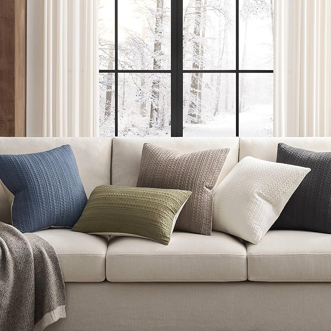 ZeeMart 100% Cotton Waffle Textured Throw Pillow Covers Set of 2, 22x22 Inch Ivory, Soft Farmhouse Decorative Couch Pillow Cases Off White Cushion Covers for Sofa Bed Living Room Home Decor