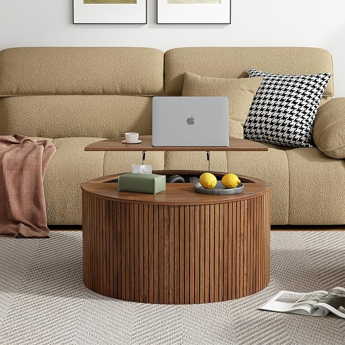 Mid Century Round Fluted Lift Top Coffee Table, Modern Center Table with Storage and Compartment, 2 Tier Small Circle Dining Table, for Living Room, Home Small Space, Walnut Oak