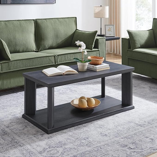 48“ Coffee Table, Wooden Center Table with 2 Tier Storage Shelves, Rectangular Living Room Table Modern Farmhouse Coffee Table for Living Room, Home Office, Bedroom, Apartment, Dark Grey