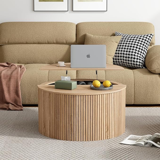 Round Fluted Lift Top Coffee Table, Mid Century Modern Center Table with Storage and Compartment, 2 Tier Small Circle Dining Table, for Living Room, Home Small Space, Natural