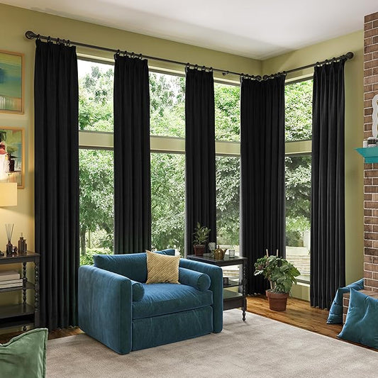 RAIN CITY 104 Inch Custom Made Black Curtains, Textured Linen Blend Black Out Pleated Look Curtains with Hooks Window Drapes for Slidng Glass Door Living Room-50x104-inch 2 Panels Set