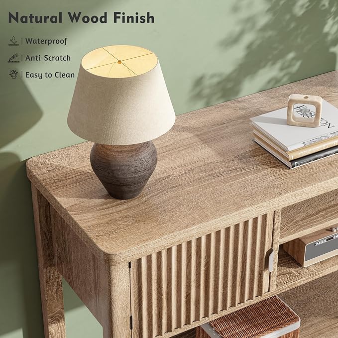Fluted Console Table with 2 Door Cabinets, Modern Entryway Table with 3 Open Storage Shelves, Narrow Behind Couch Sofa Table for Living Room, Hallway, Foyer, 45.7" W×13.8" D×33.5" H, Oak
