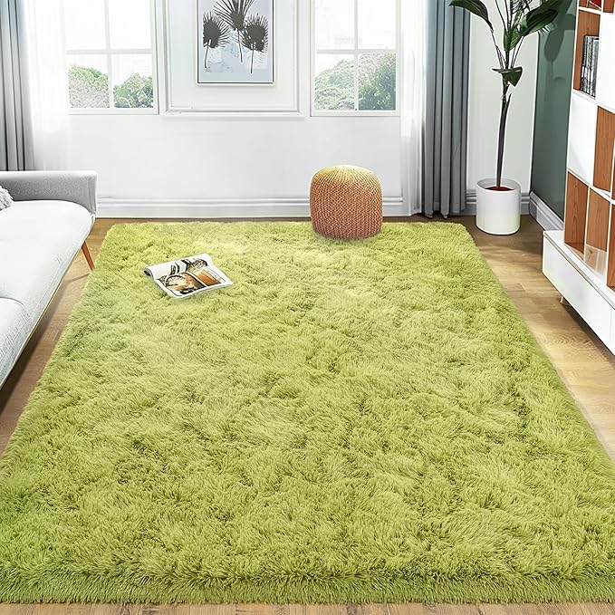 Ultra Fluffy Area Rugs for Living Room Bedroom, 6x9 Fuzzy Large Living Room Rugs, Thick Shag Rug for Dorm, Soft Non Slip Kids Girls Boys Rug for Home Decor Aesthetic, Green