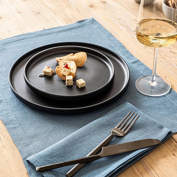 Over&Back Set of 4 Washed 100%-Linen Woven Placemats - Colorful Dining Table Mat - Machine Washable - Kitchen and Home Decor - Blue