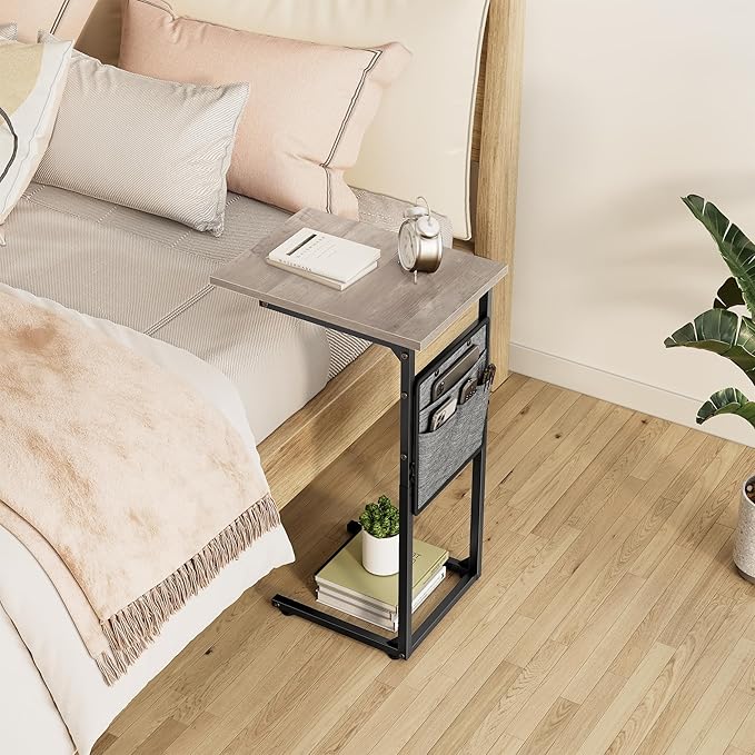 Vagusicc C Shaped End Table, Small Side Table for Couch, Couch Side Table C Table for Small Space, TV Tray Slide Under Sofa Snack Table with Metal Frame for Living Room, Bedroom, Bedside, Grey