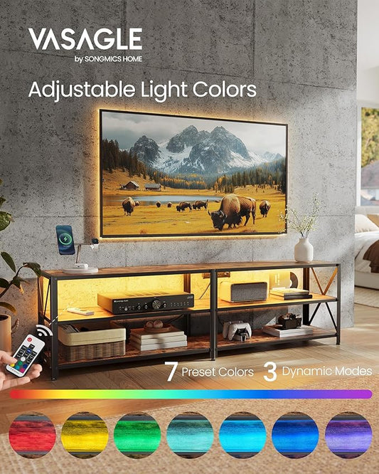 VASAGLE TV Stand with Power Outlets and LED Lights, for TVs up to 75 Inches, Entertainment Center with Open Storage Shelves, TV Console Table for Living Room, Rustic Brown and Ink Black ULTV119K01