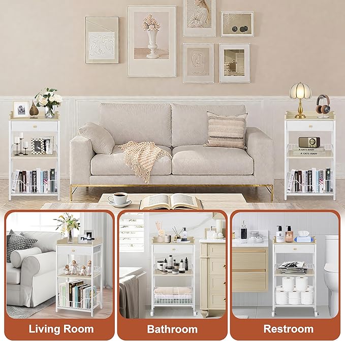 Small Side Table Stand with Storage Drawer, 4-Tier Narrow End Tables for Small Spaces, Skinny Nightstand for Living Room, Bedroom, Vanity Room, Office and Dorm Room, White&Natural