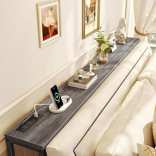 SUPERJARE 70 Inch Console Table with Outlet, Sofa Table with Charging Station, Narrow Entryway Hallway Table, Behind Couch Table, for Living Room, Charcoal Gray