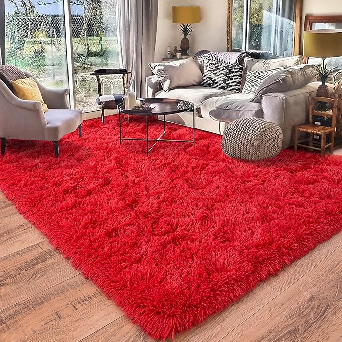 Rugs for Living Room 9x12, Soft Shaggy Modern Shag Area Rug for Bedroom, Upgrade Non-Slip Plush Fluffy Carpet for Kids Boys Girls Room Home Decor Aesthetic, Red