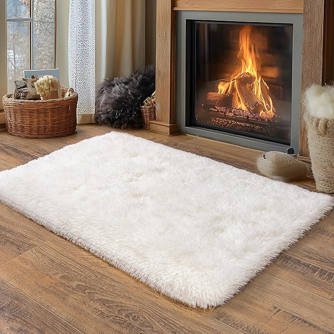 Small Area Rug, 2x3 Rug for Bedroom Shaggy Throw Rugs for Dorm Rug, Soft Shag Carpet for Kids Room, Plush Comfy Fluffy Bedside Rug for Home Decor Aesthetic, Cream White
