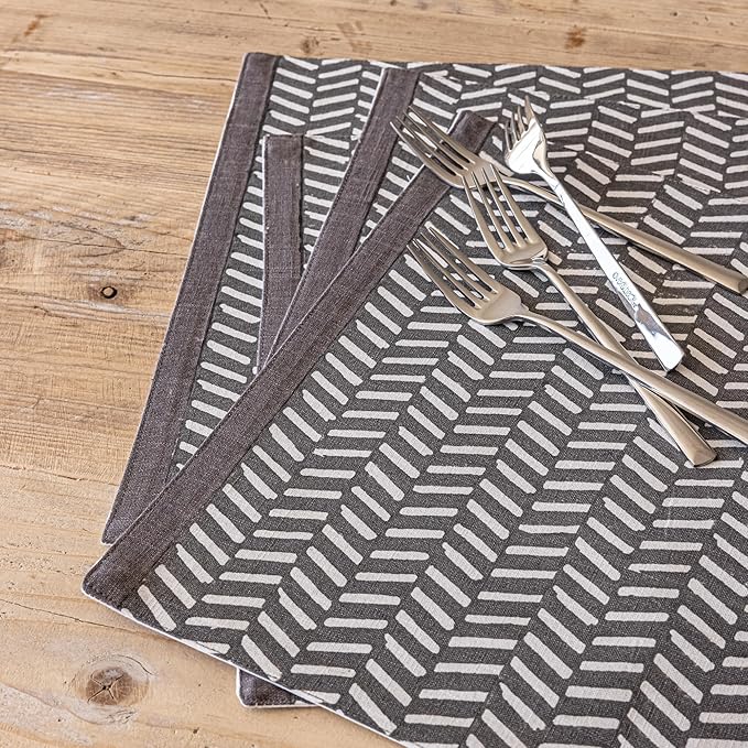 Over&Back Set of 4 Hand-Blocked Placemats - Colorful Dining Table Mat - Each Placemat is Unique - 100% Cotton - Machine Washable - Kitchen and Home Decor - Grey Herringbone