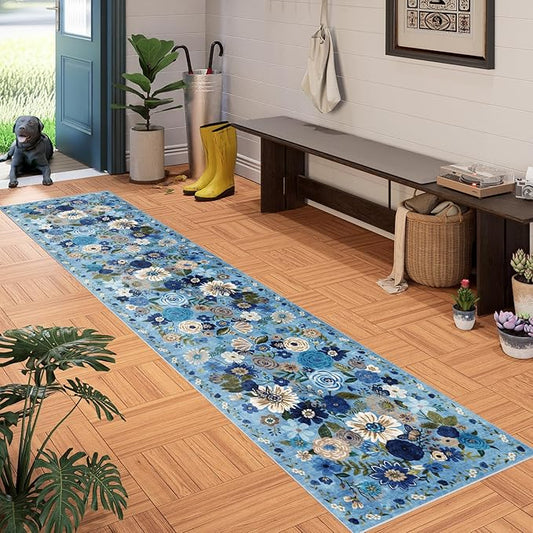 Floral Hallway Runner Carpet Non-Slip, 2x10 Washable Rug Ultra-Thin Soft for Hallways, Kitchen Mat Stain Resistant for Entryway Bathroom (2 x 10, Blue Garden)