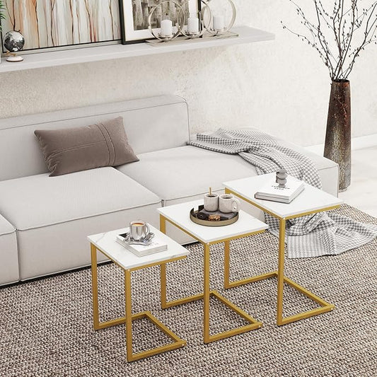 Tangkula Nesting Table Set of 3, Rectangle Stacking Side End Table with Wood Top & Metal Legs, Adjustable Foot Pads, C-shaped Accent Coffee Tables for Small Spaces, Living Room (C-shaped, White, 3-pc)