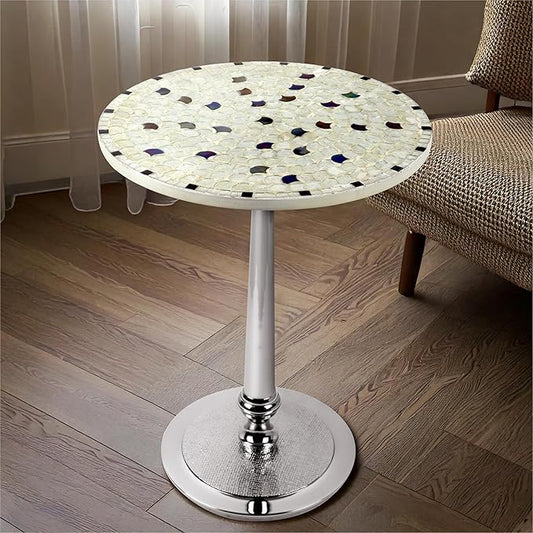 CLEENTABLE Mosaic Round End Table - Top End Tables for Living Room & Bedroom - Modern Side Table with Durable Enamel Top & Metal Legs - Lightweight Accent Table for Sofa, Bed (Ivory Silver)