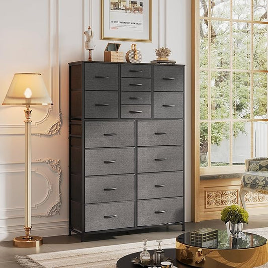 Tall Console Table with 16 Fabric Drawers, Entryway Table with Storage, Large Storage Organizer with Wood Top, Steel Frame for Living Room, Hallway, Office, Dark Grey