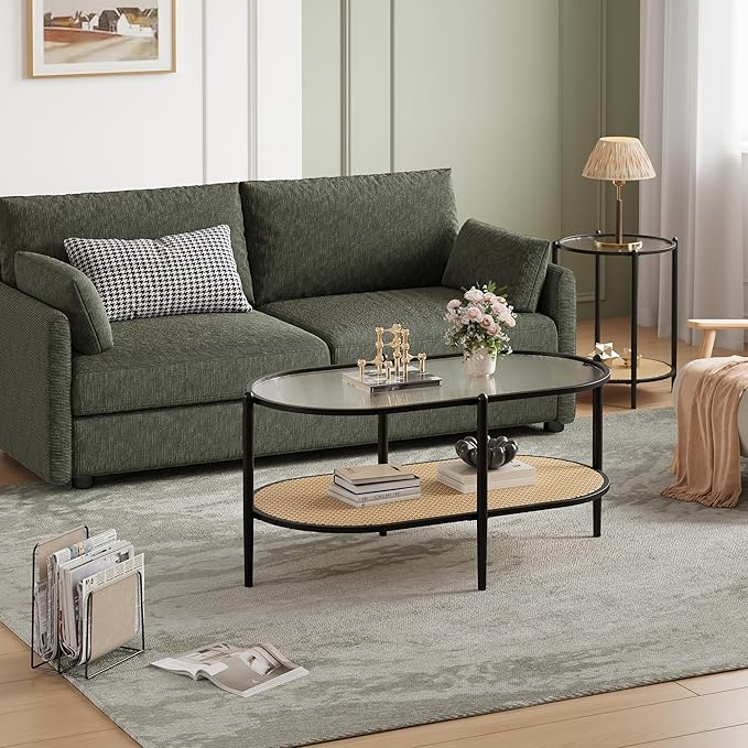 Boho Rattan Coffee Table with Glass Top, 2-Tier Oval Center Table with Metal Frame & Storage Shelf, Rustic Farmhouse Living Room Accent Tea Table for Apartment, Bedroom, Office Black