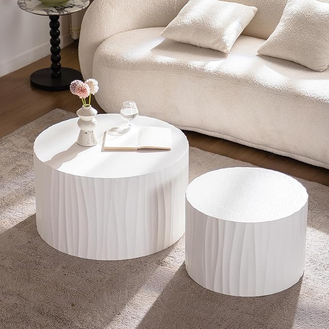 Nesting Coffee Table Set of 2, Modern Round Wooden Circle Accent Coffee Tables for Small Spaces Living Room Bedroom Balcony Office Drum Side Table