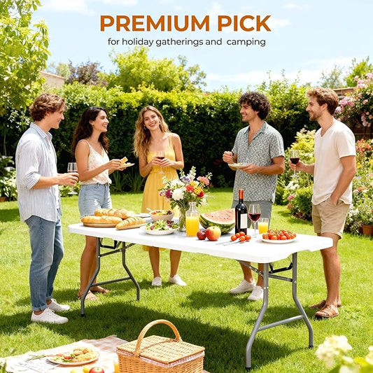 6Ft Folding Table Heavy Duty Foldable Table Lightweight Plastic Table with Reinforced Legs for Indoor Outdoor Use Perfect Portable Folding Tables for Parties, BBQs, Weddings, Camping White