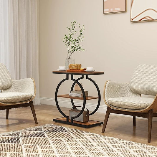 GiftGo Narrow End Table with O-Shaped Geometric Base Vintage Industrial Sofa Chair Side Table for Living Room Slim Nightstand for Bedroom Stylish Beside Table with 3 Storage Shelves (1, Rustic Brown)