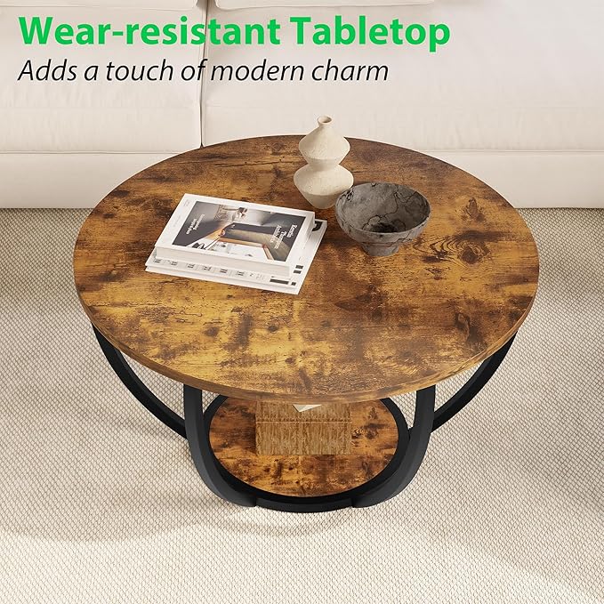 HOMERECOMMEND 28" Round Coffee Table with Storage,2-Tier Wood Accent Center Table for Living Room,Sofa Table for Home Office, Brown