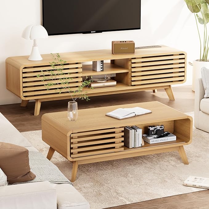 Coffee Table with Storage, Mid Century Modern Wooden Living Room Center Table, Furniture Farmhouse Wooden Coffee Table for Living Room, Oak