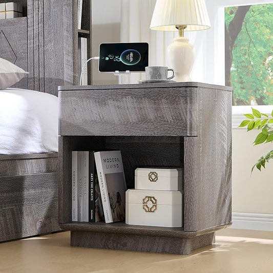 ACCOHOHO Modern Nightstand Set of 2 with Charger Station, 22" Wide Night Stand with Storage Drawer & Open Shelf, Large Bedside Table for Bedroom, Wood End Table, Curved Profile, Grey