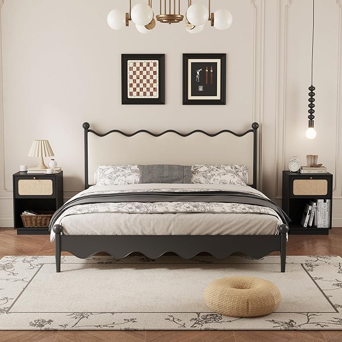 16" Wooden Night Stand with Drawer Linen Decor and Open Shelf, Modern Black Side Table, Small Bedside Table with Storage, Farmhouse Nightstand End Table for Bedroom Home Office, Living Room (Black)