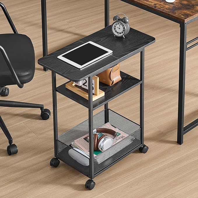 Side Table with Wheels, Narrow Side Table with 3-Layer Storage Shelves, Slim Nightstand, Metal Frame, for Small Spaces, Living Room, Bedroom, 23.6" D x 11.8" W x 25.2" H, Black