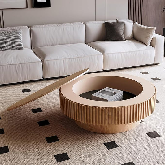 39.37 Inch Round Drum Coffee Table with Storage, Handcraft Fluted Drum Coffee Table, Modern Wooden Round Coffee Table Center Table with Sturdy Pedestal for Living Room Apartment(Natural)