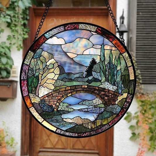 Stained Glass Window Hanging, Blue Landscape Arch Bridge Sun Catcher for Door Home Decor Suncatcher Christmas Mother's Day Birthday Gifts for Women Men Mom and Nana 15 in