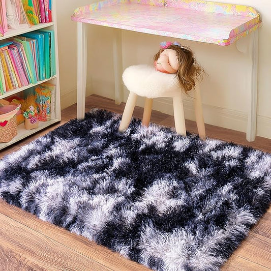 Small Rugs for Bedroom, Fluffy 2x3 Rug Throw Non Slip for Bedside Dorm Kids Room, Plush Comfy Shag Carpet for Home Decor Aesthetic, Black and White