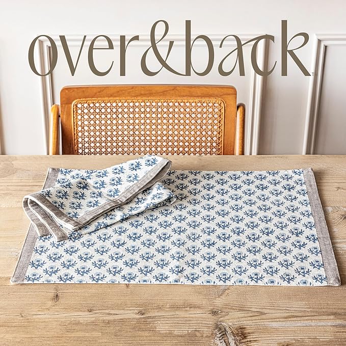 Over&Back Set of 4 Hand-Blocked Placemats - Colorful Dining Table Mat - Each Placemat is Unique - 100% Cotton - Machine Washable - Kitchen and Home Decor - Blue Blossom