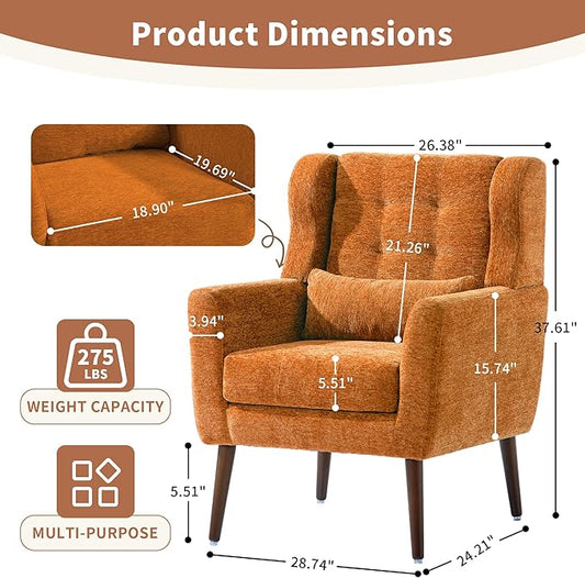 Modern Accent Chair, Upholstered Arm Chair with Waist Pillow, Single Sofa Chair for Living Room Bedroom Small Spaces (Orange)