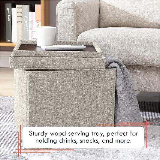 Ornavo Home Square Storage Ottoman Linen Foldable Tufted Cube Storage Ottoman Foot Rest Stool/Seat with Table Top Lid, Coffee Table Ottoman - 15" x 15" x 15" (Beige)