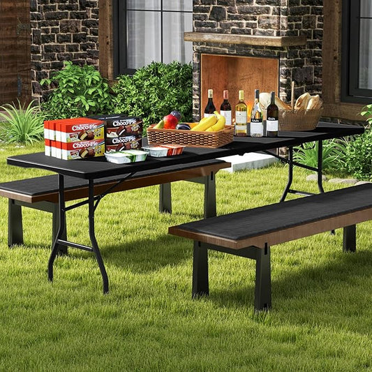 Goplus 8ft Plastic Folding Table, 350 LBS Outdoor Heavy Duty Folding Tables with HDPE Tabletop, Handle, Lock, Foldable Rectangle Portable Utility Card Table for Picnic, Party, Camping, Dining