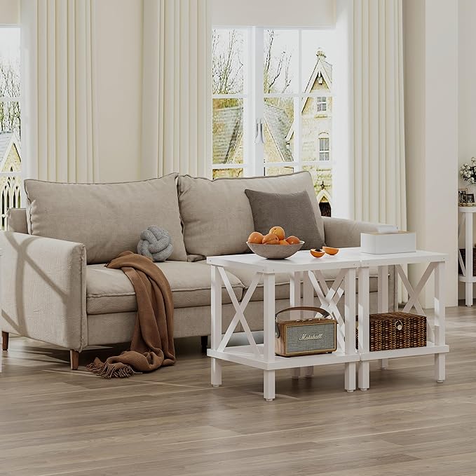 Large End Table Farmhouse Side Table Industrial Style Sofa Table Metal X Accent Wood Coffee Table NightStand with Storage Shelf for Living Room Bedroom White MLBZ16W