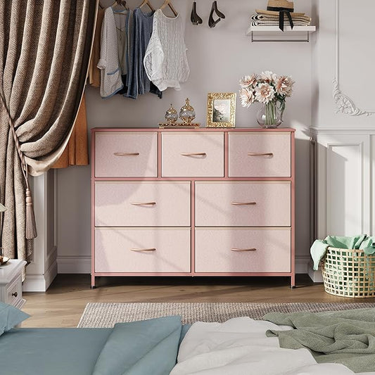 WLIVE 7 Drawer Dresser TV Stand, Entertainment Center, Media Console Table with Metal Frame and Wood Top for TV up to 45 inch, Chest of Drawers for Bedroom, Living Room, Pink