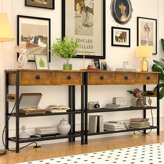GRLEAF 32" Console Table with Outlets & USB Ports – Narrow Entryway Table with 2 Drawers and Storage Shelves, Power Strip Sofa Table for Living Room, Hallway, Kitchen, Foyer – Rustic Brown Wood Finish