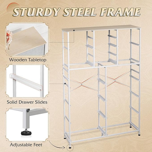 Tall Console Table with 16 Fabric Drawers, Entryway Table with Storage, Large Storage Organizer with Wood Top, Steel Frame for Living Room, Hallway, Office, Light Grey