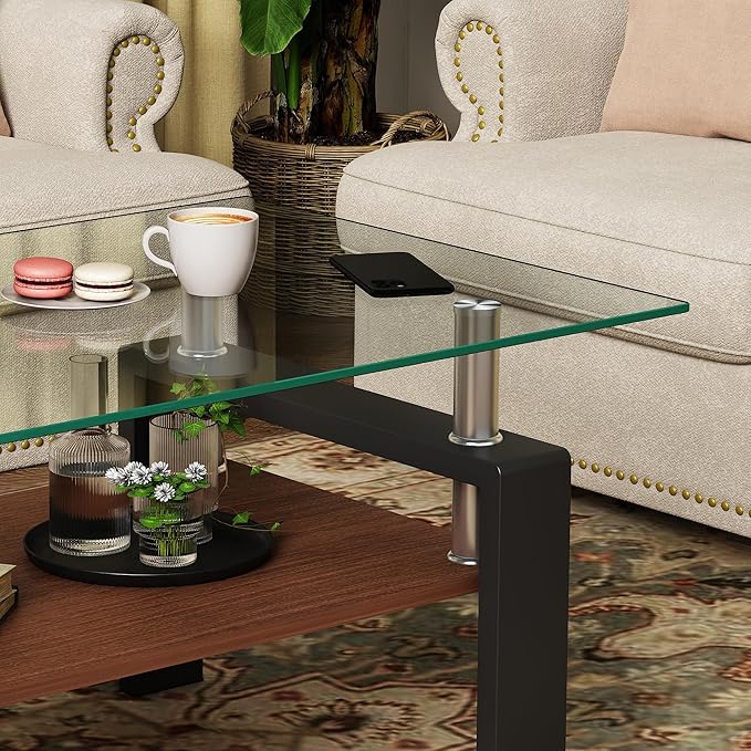 Modern 2-Tier Coffee Table with Tempered Glass Top, MDF Shelf & Metal Legs, Rectangular Living Room Center Table, Sturdy & Stylish Table for Small Spaces, Lounge or Office